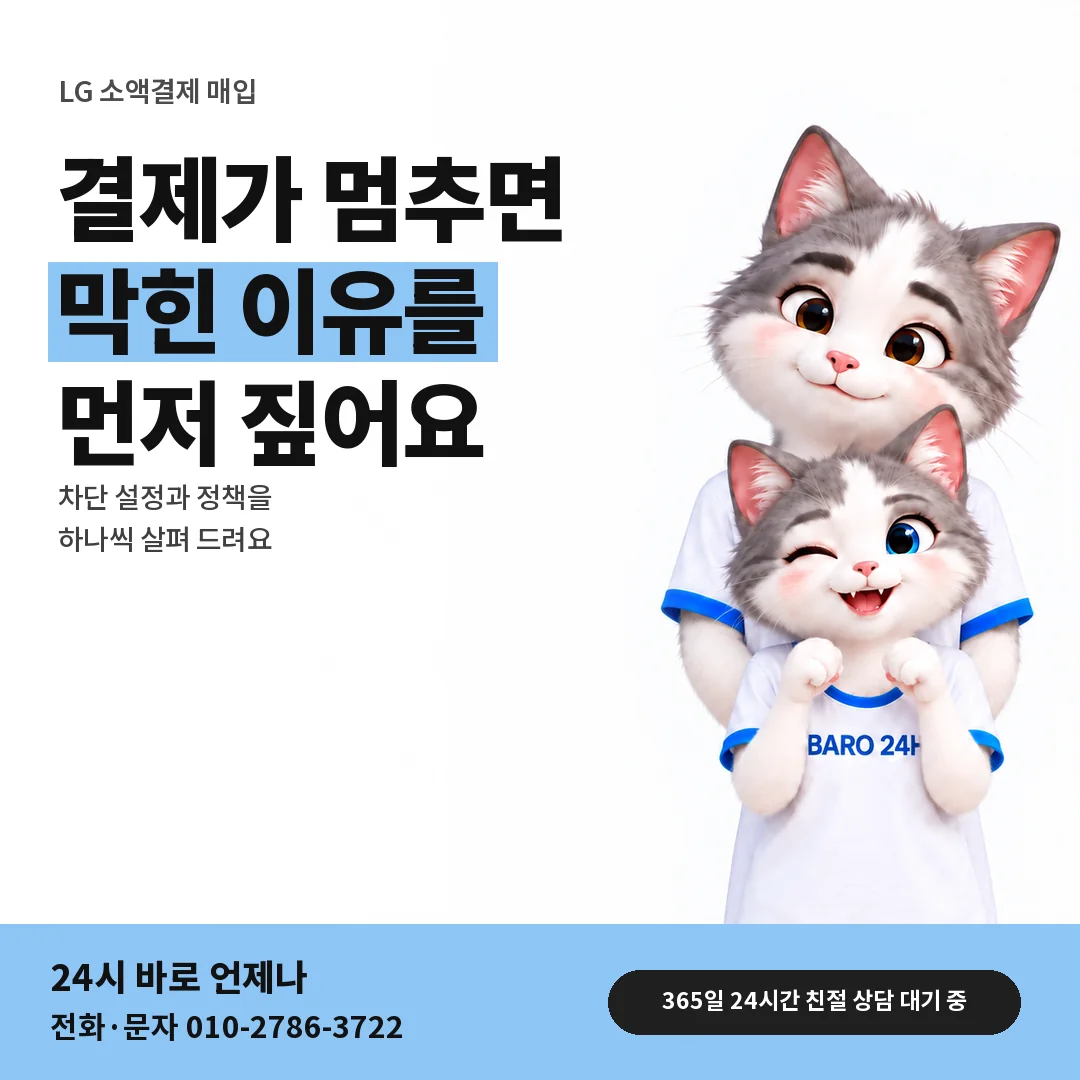 BARO 24H 티셔츠를 입은 3D 동물 캐릭터 옆에 「LG 소액결제 매입 막힘 살피기」 제목을 얹은 안내 카드