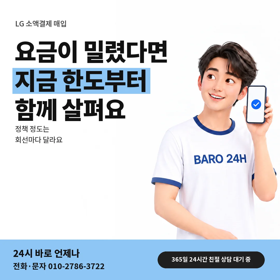 BARO 24H 티셔츠를 입은 3D 인물 옆에 「LG 미납 정책 살피기」 제목을 얹은 안내 카드
